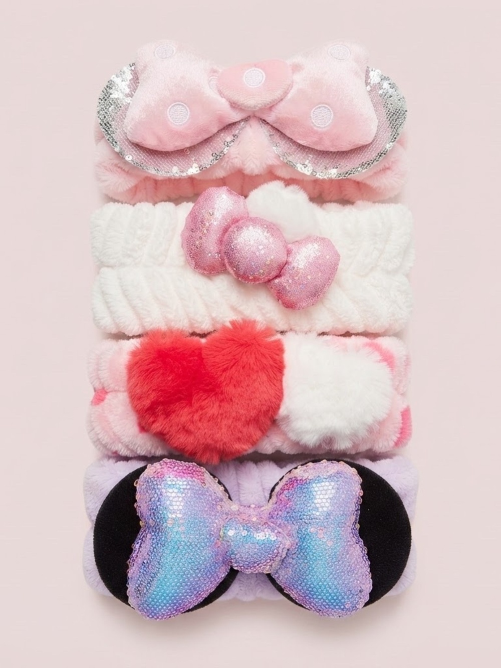 NWT Plush Bow & Heart Spa Headbands - Pink, White, Red, Purple Set